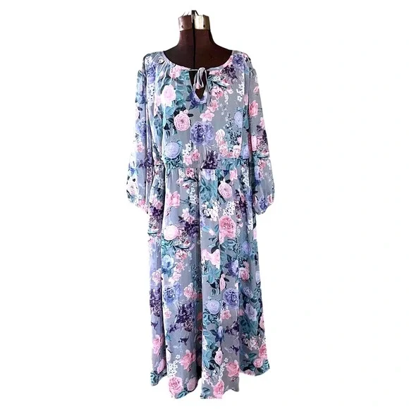 Torrid Women's Floral blue Print Maxi Dress Waist Flowy -Size 00 - Picture 6 of 15